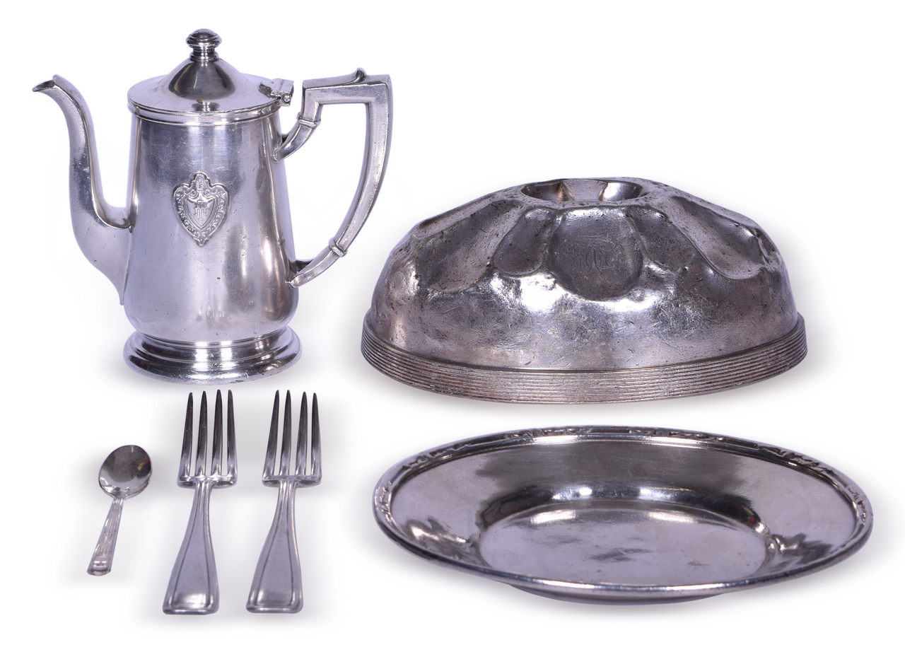 3573 - Six Pieces of Railroad and Hotel Silver - Grand Central Terminal, Washington Terminal, Florida East Coast, and Hilton thumbnail