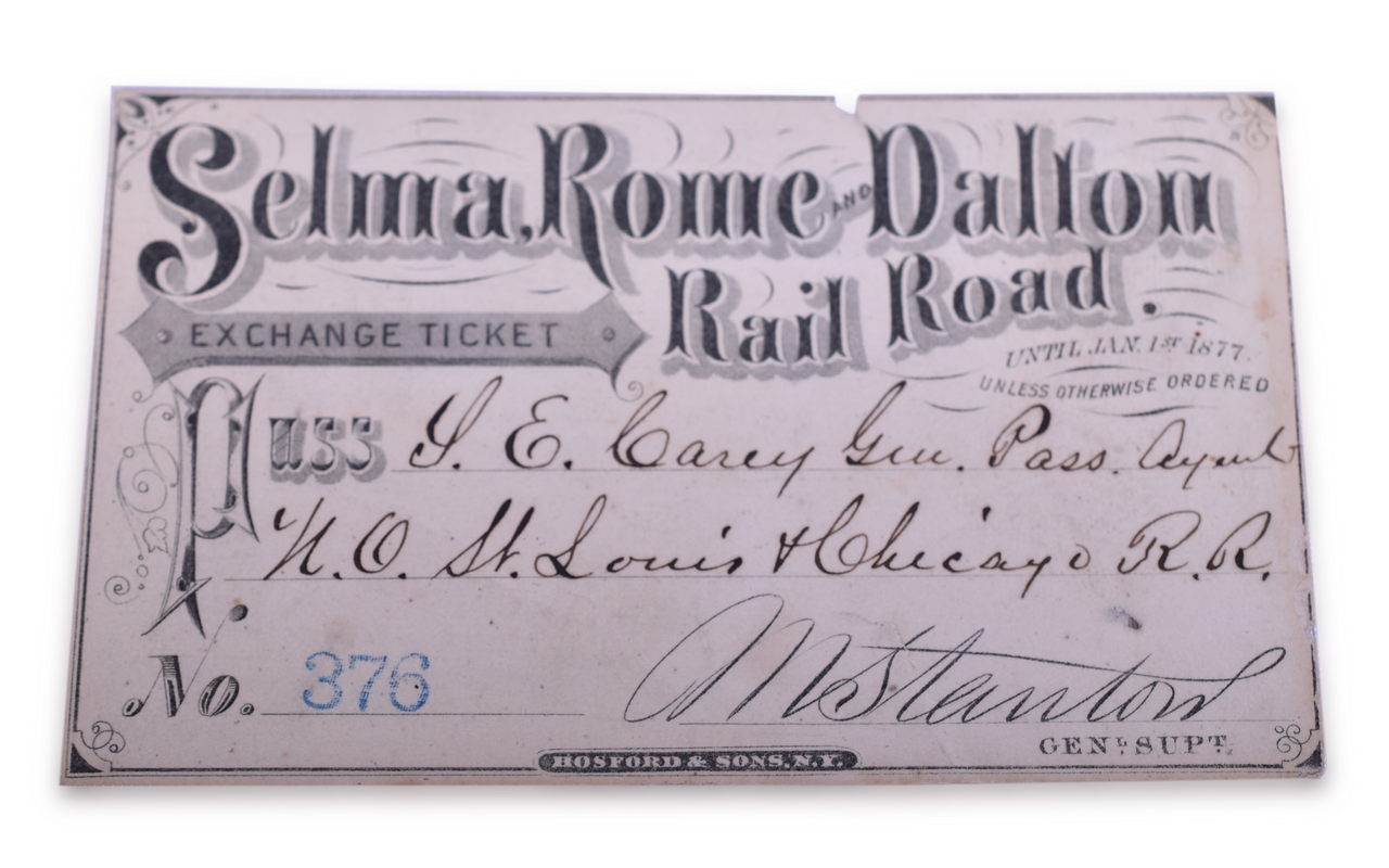 3071 - 1876 Selma, Rome and Dalton Railroad Annual Pass Exchange Ticket thumbnail