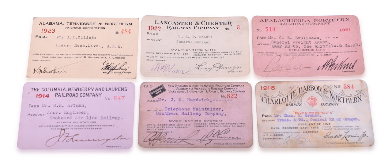 3075 - Six Southeastern Railroad Annual Passes - 1914 Columbia, Newberry & Laurens, 1915 Queen & Crescent Route, and More thumbnail