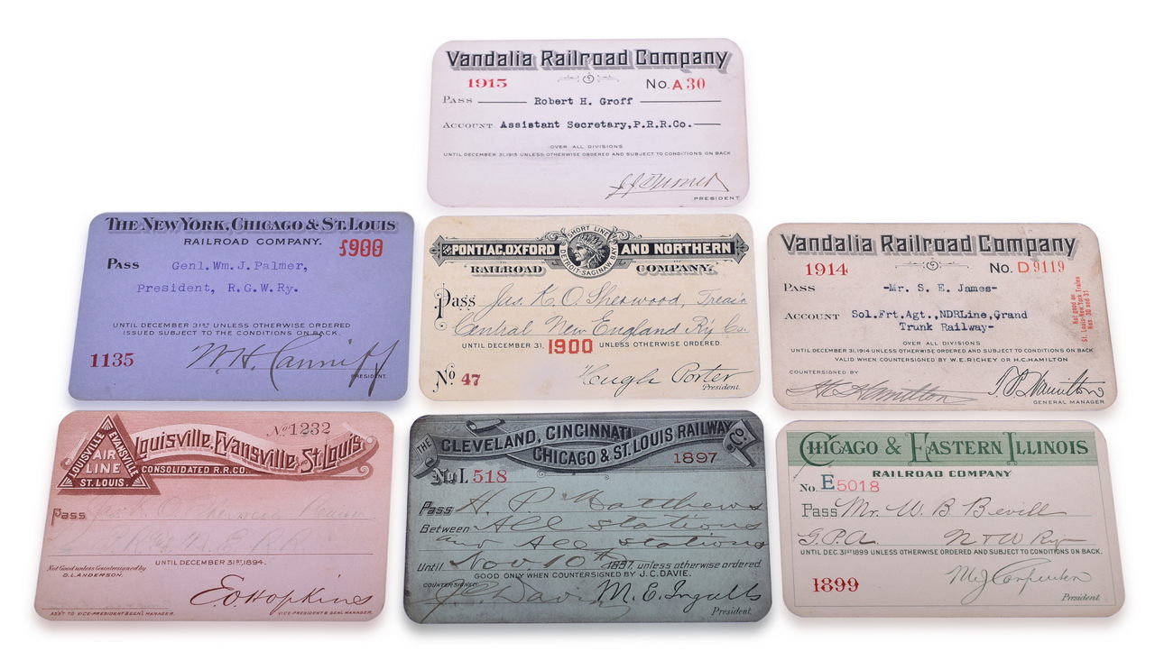 3079 - Seven Midwest Railroad Annual Passes - 1894 Louisville, Evansville & St. Louis, 1897 Big Four, 1899 C&EI, and More thumbnail