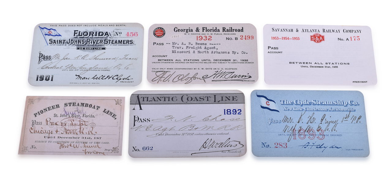 3083 - Six Southeastern Railroad Annual Passes - 1876 Pioneer Steamboat Line, 1892 Atlantic Coast Line, and More thumbnail