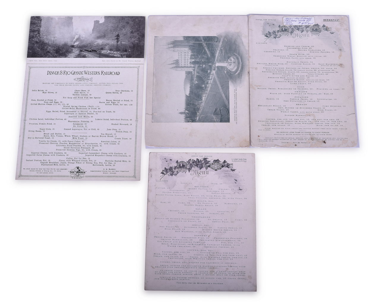 3085 - Three Denver & Rio Grande Western Railroad Menus - 1902 and 1927 thumbnail