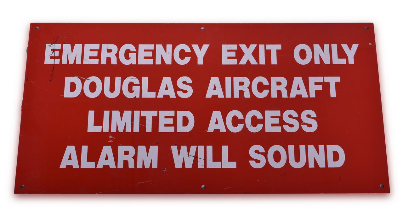 3593 - Douglas Aircraft Emergency Exit Only Porcelain Sign Limited Access Alarm Will Sound thumbnail