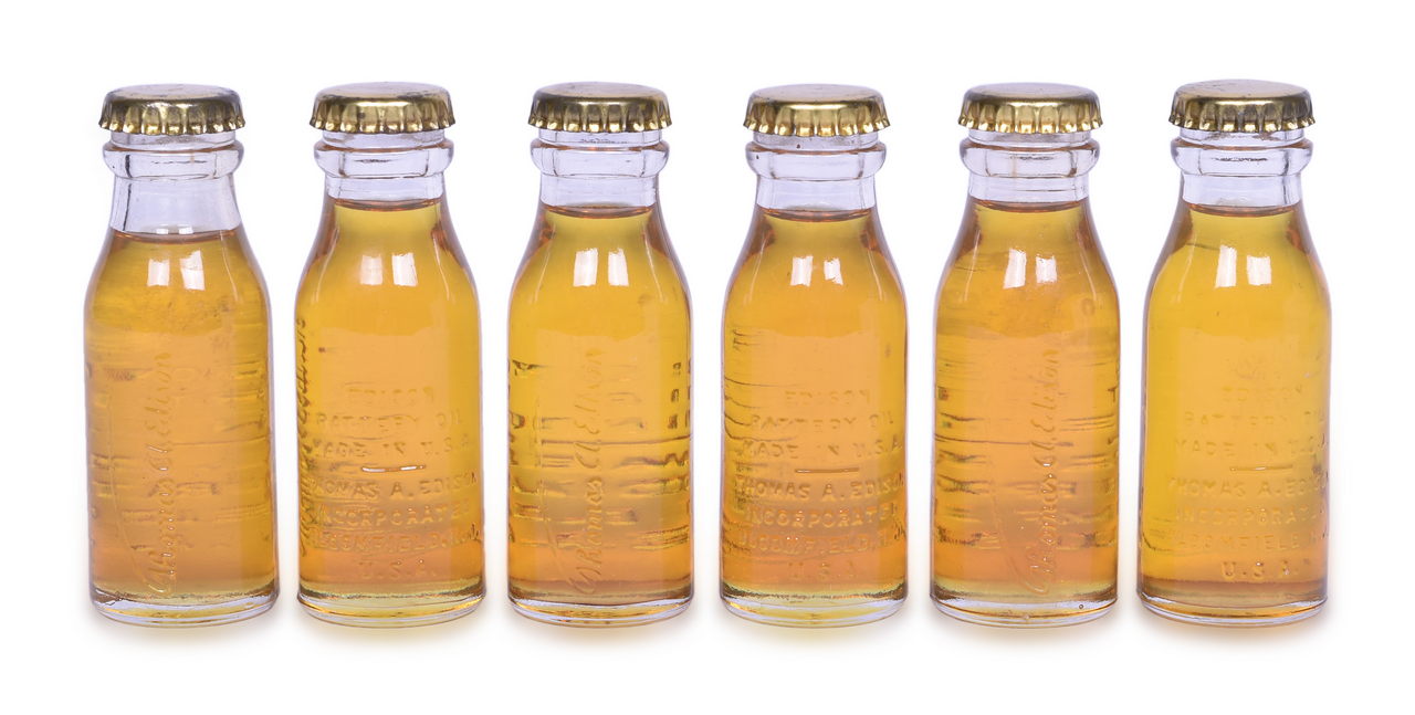 3104 - Group of Six New Old Stock Thomas A Edison Battery Oil Glass Bottles thumbnail