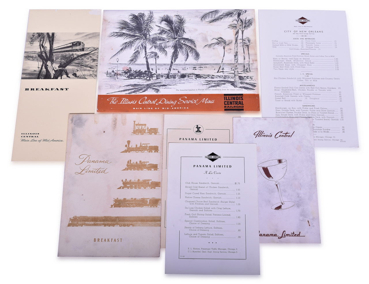3107 - Seven Illinois Central Railroad Dining Car Menus - Panama Limited, City of New Orleans, and More thumbnail