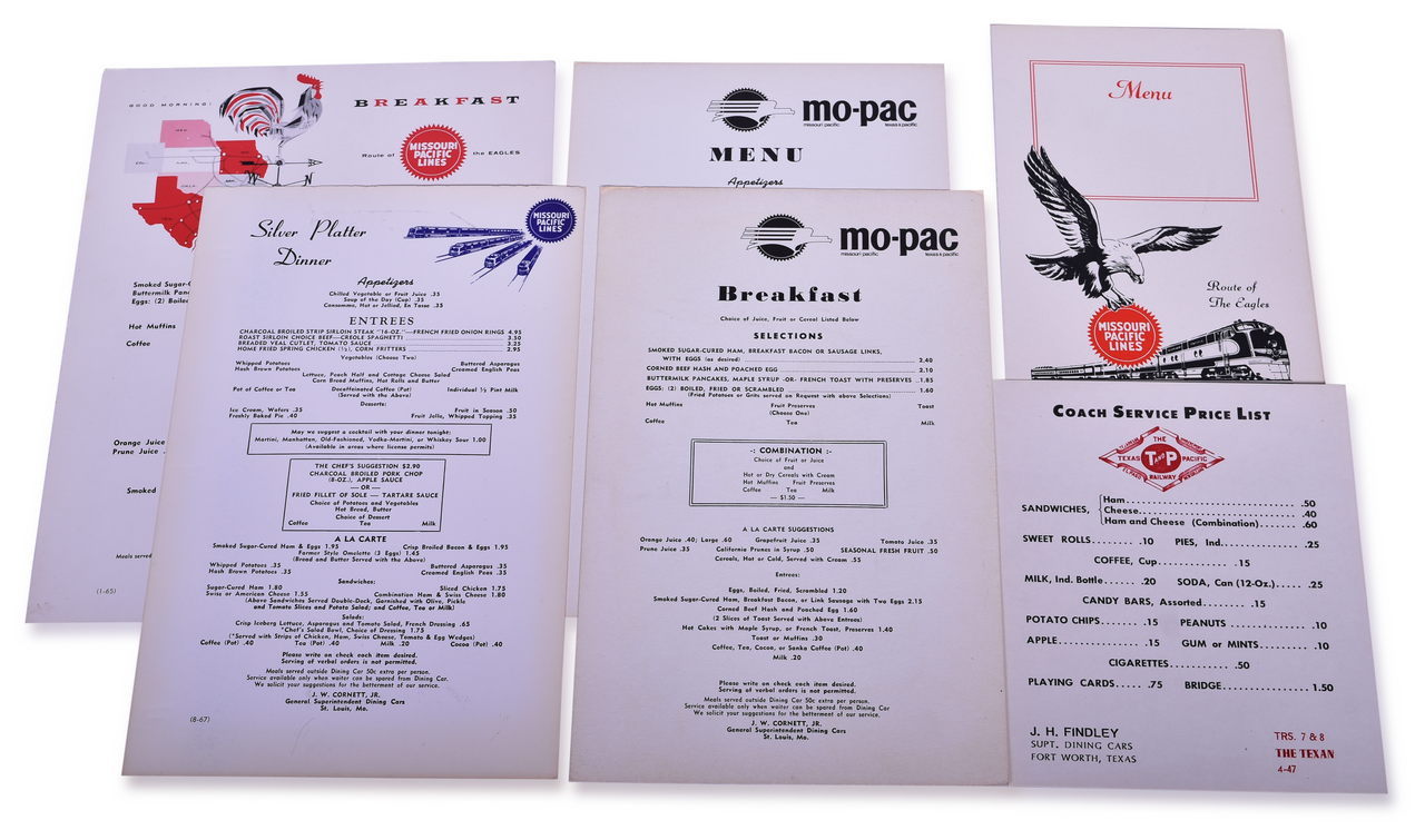 3135 - Six Missouri Pacific and Texas & Pacific Railway Dining Car Menus thumbnail