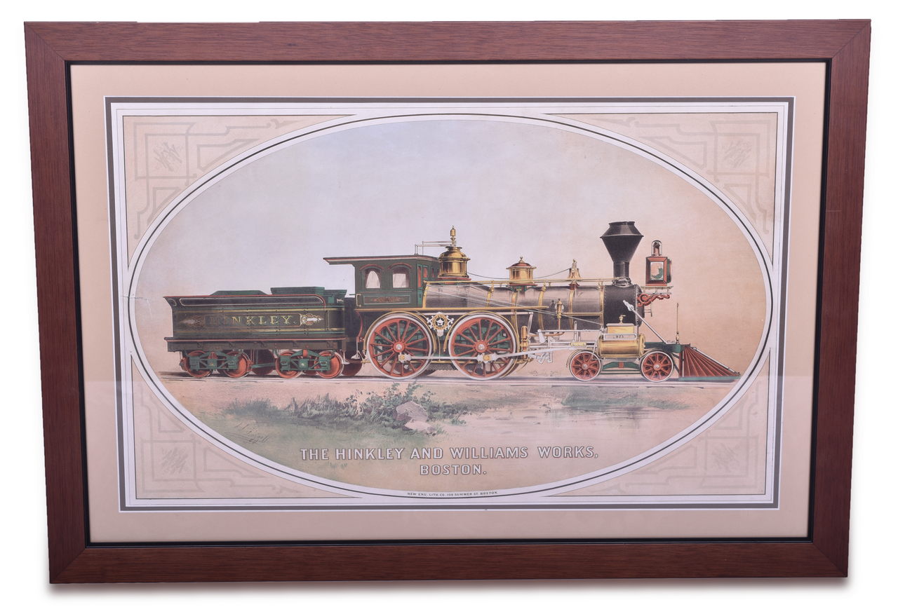3152 - Framed Hinkley & Williams Works Steam Locomotive Advertising Builders Lithograph thumbnail