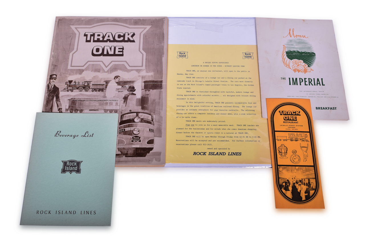 3179 - Four Rock Island Railroad Menus and Track One Opening Announcement - The Imperial, Track One Restaurant, and Beverage List thumbnail