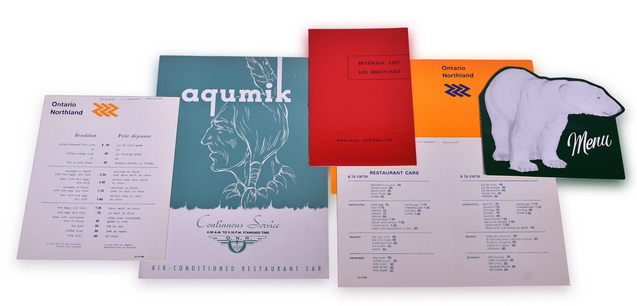 3187 - Six Ontario Northland Railroad Dining Car Menus - Aqumik, Cochrane Restaurant Polar Bear, and More thumbnail