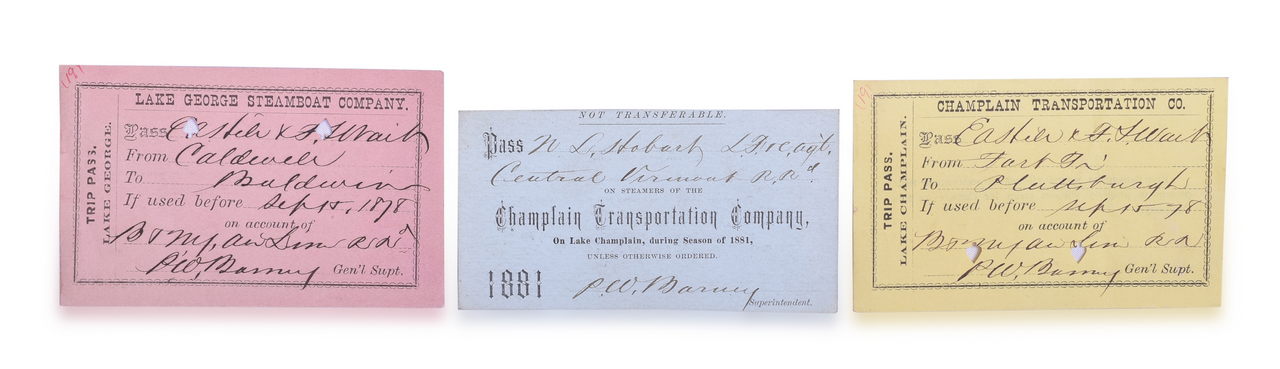 3246 - 1881 Champlain Transportation Co. Annual Pass and 1878 Trip Passes for Lake George Steamboat and Champlain Transportation Co. thumbnail