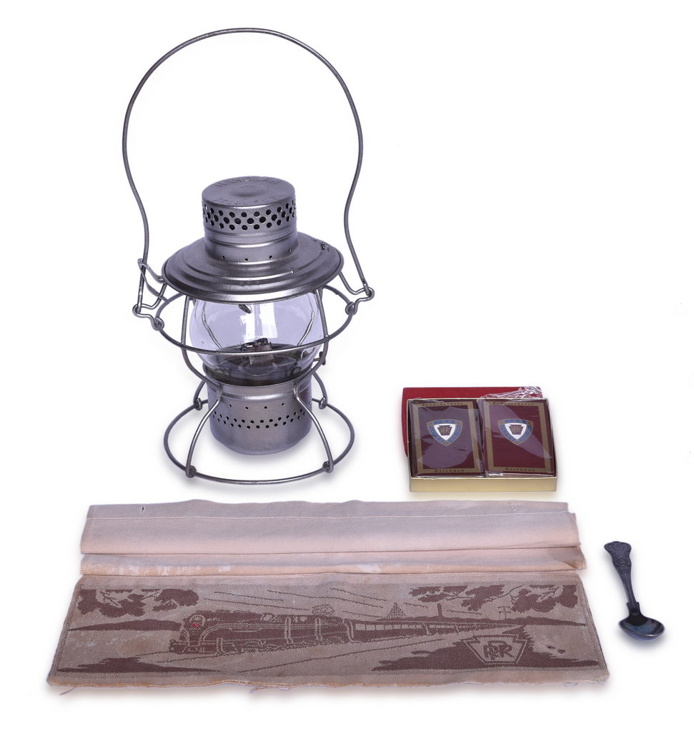3267 - Pennsylvania Railroad Handlan Lantern with Etched Kopp Globe, Silver Spoon, Headrest Cover, and Playing Cards thumbnail