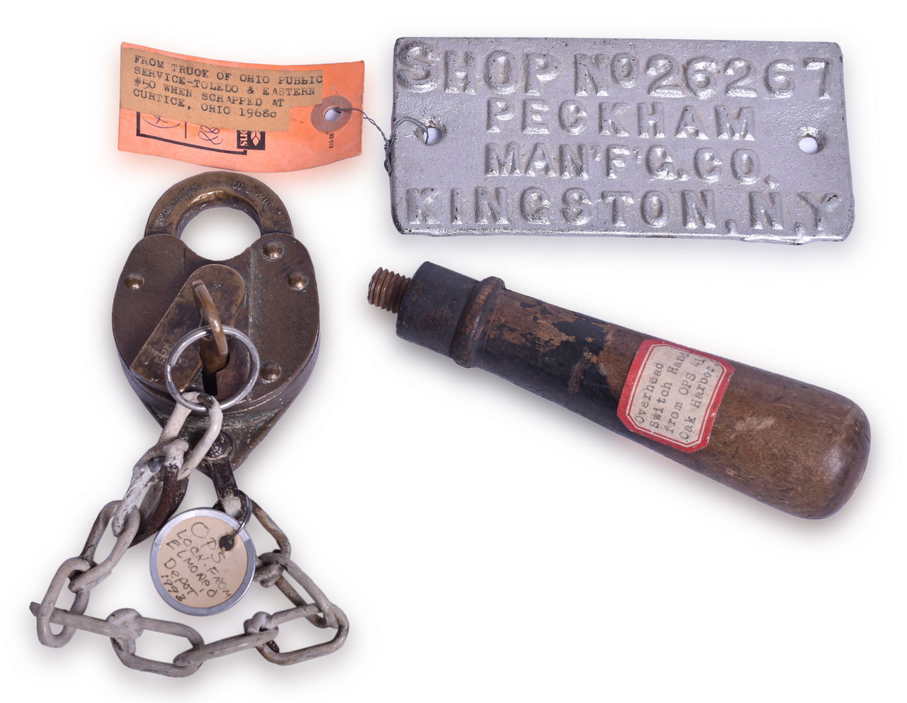 3283 - Mixed Group of Ohio Public Service Railroad Lock, Key, Overhead Hand Switch, and Shop Plate thumbnail