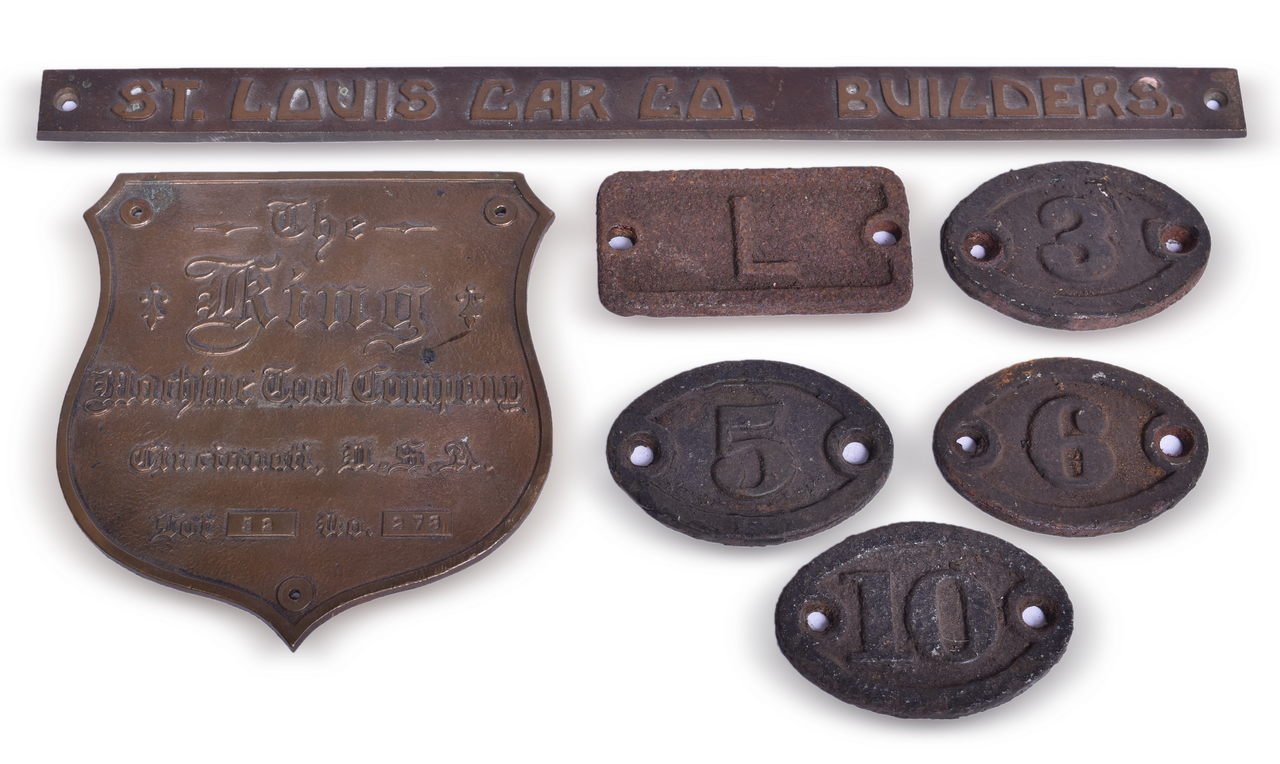 3287 - Group of Brass Car Plates - King Machine Tool Company, St. Louis Car Co. Builders, and Others thumbnail