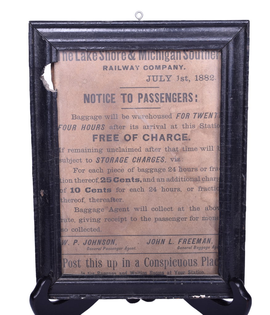 3289 - 1882 Lake Shore & Michigan Southern Railroad Framed Passenger Notice thumbnail