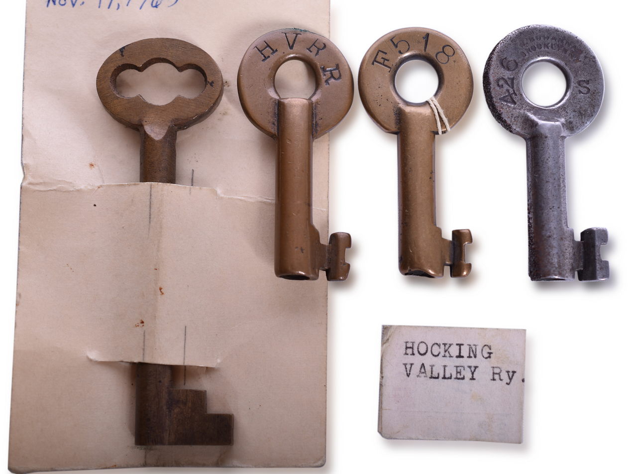 3291 - Four Hocking Valley Railway Brass and Steel Keys - Baggage Car, Bohannan, and F-S Hardware thumbnail