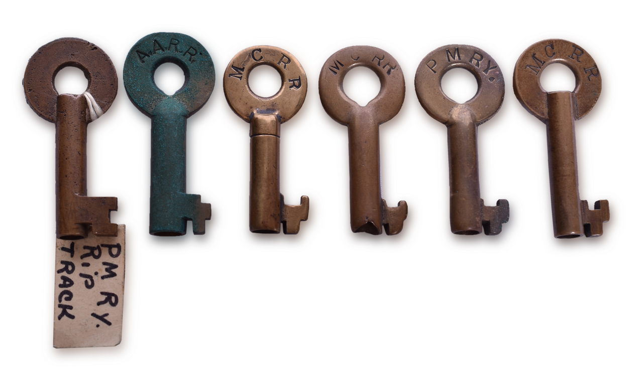 3297 - Six Brass Railroad Keys - Pere Marquette, Michigan Central, and Ann Arbor thumbnail