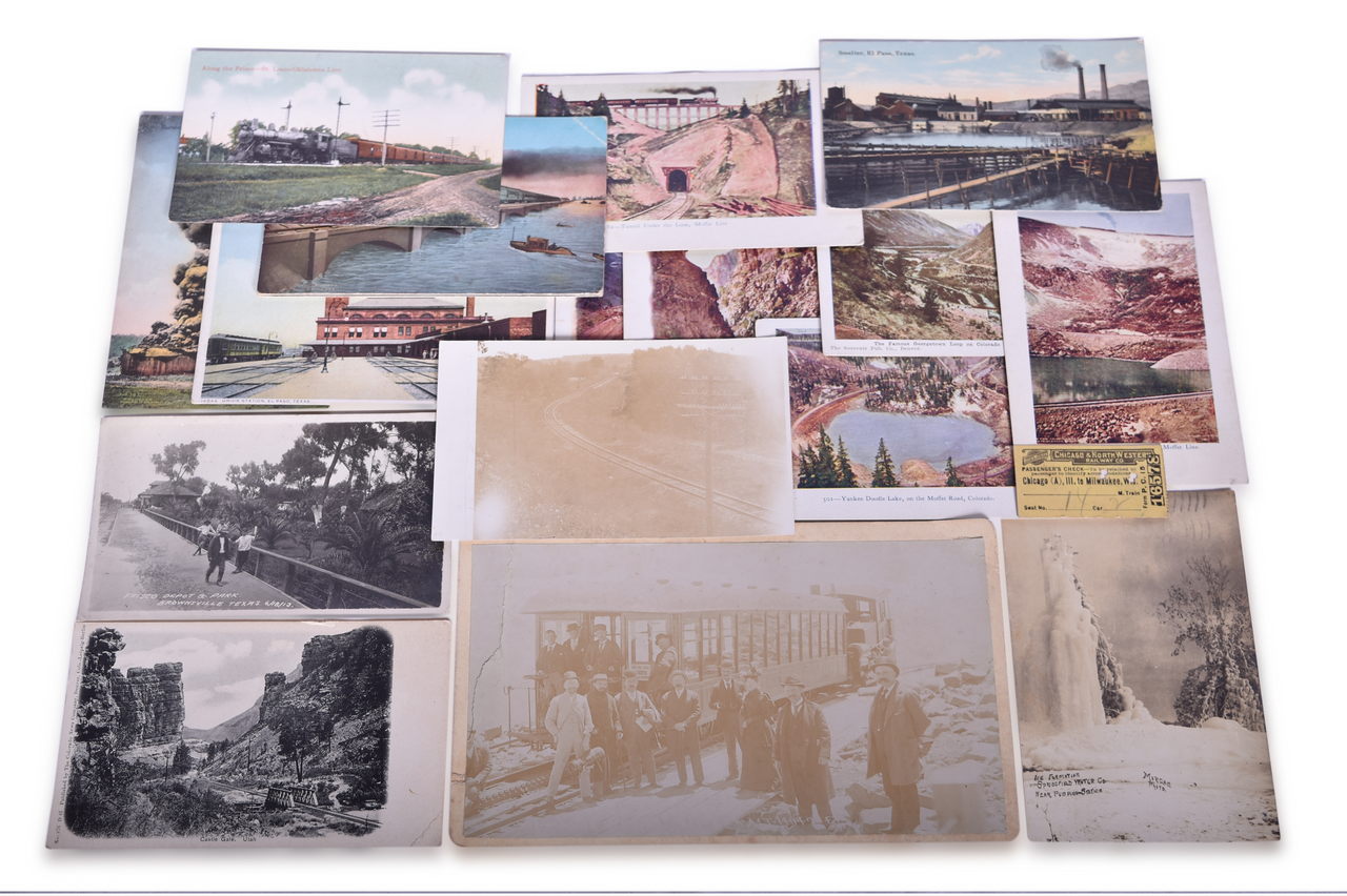 3306 - Twenty-One Pieces of Railroad Paper - Post Cards, Photographs, and Passenger's Check Stub thumbnail