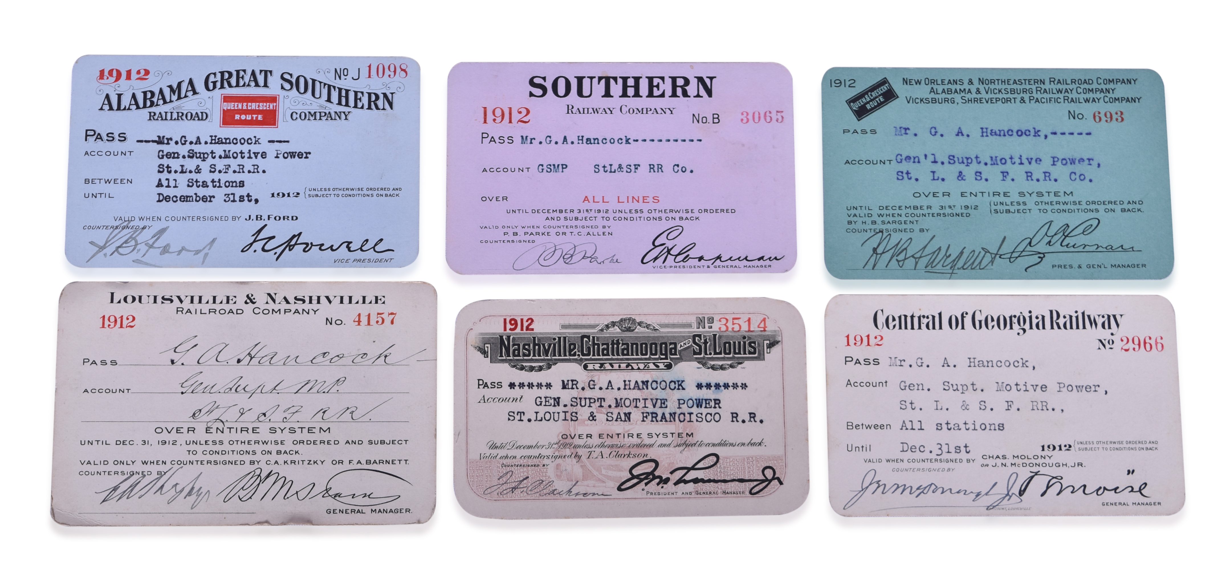 3307 - Five 1912 Southeastern Railroad Annual Passes - Alabama Great Southern, Southern, Central of Georgia, and More thumbnail
