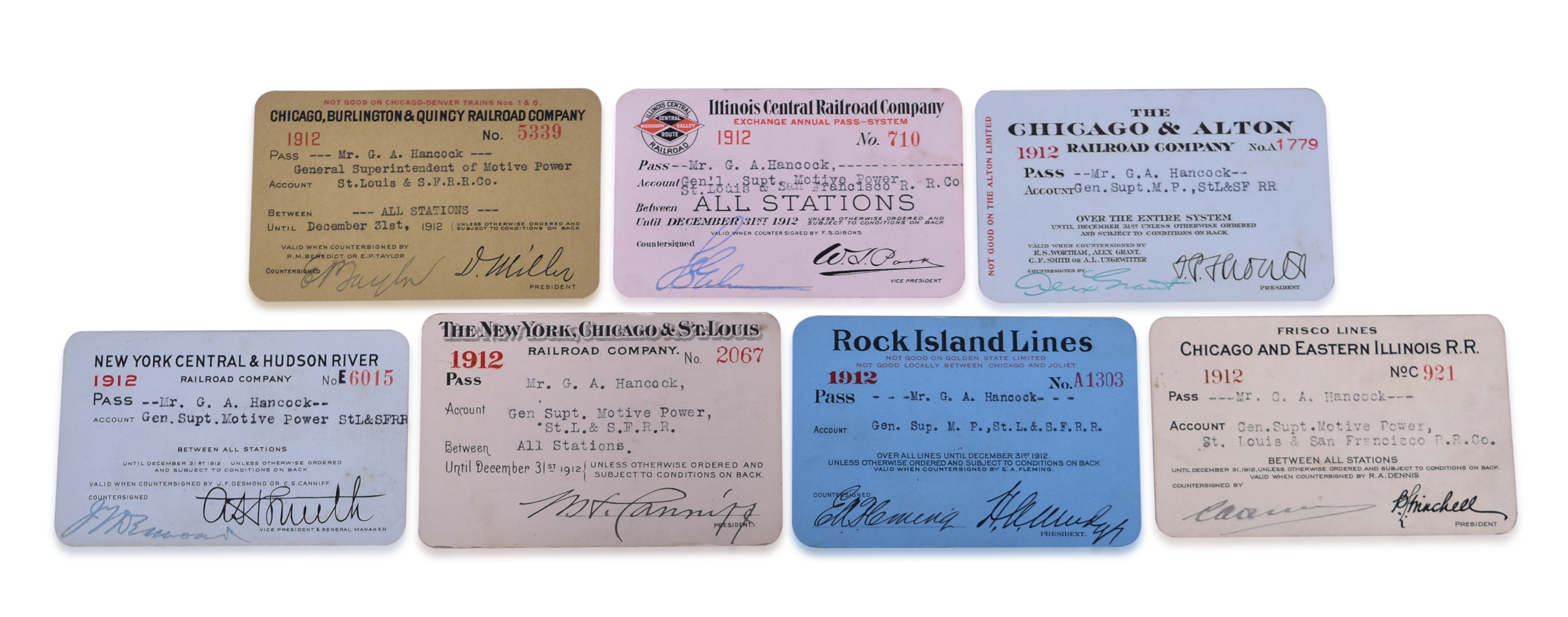 3308 - Seven 1912 Midwestern Railroad Annual Passes - Chicago & Alton, Illinois Central, Rock Island, New York Central & Hudson River, and More thumbnail