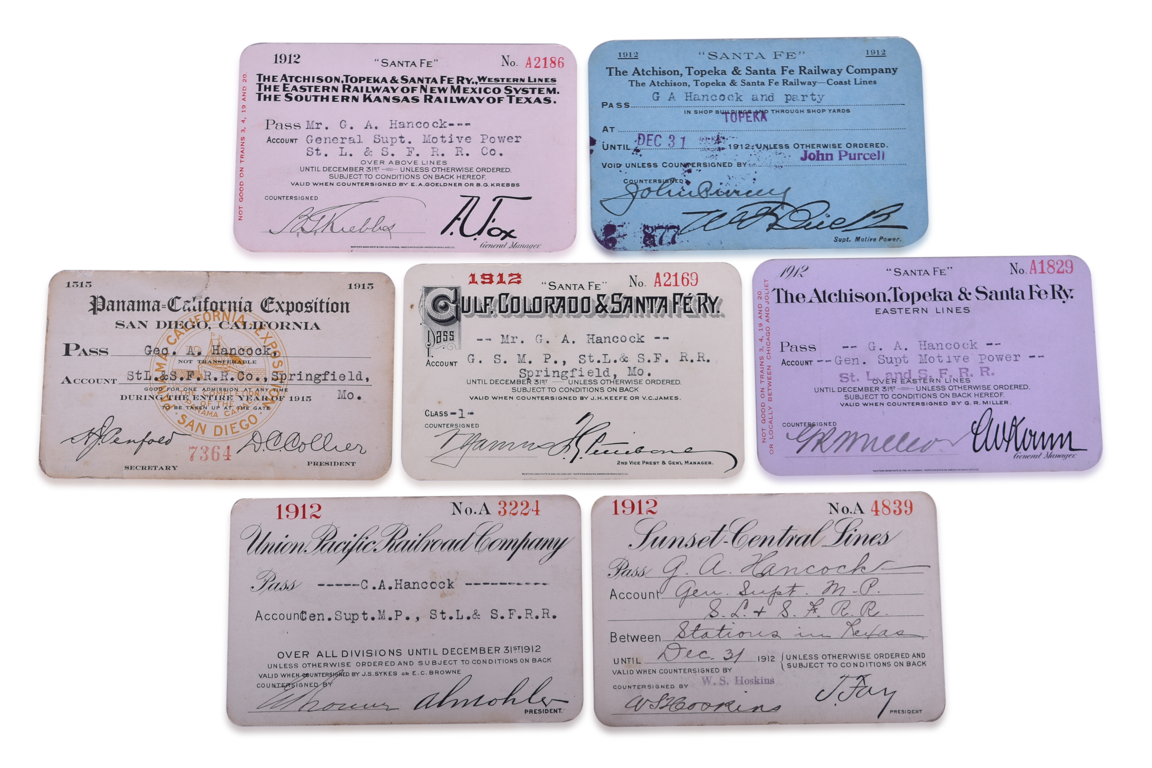 3309 - Six 1912 Southwestern Railroad Annual Passes and 1915 Panama California Exposition Annual Pass - Santa Fe, Union Pacific, and Sunset Central thumbnail