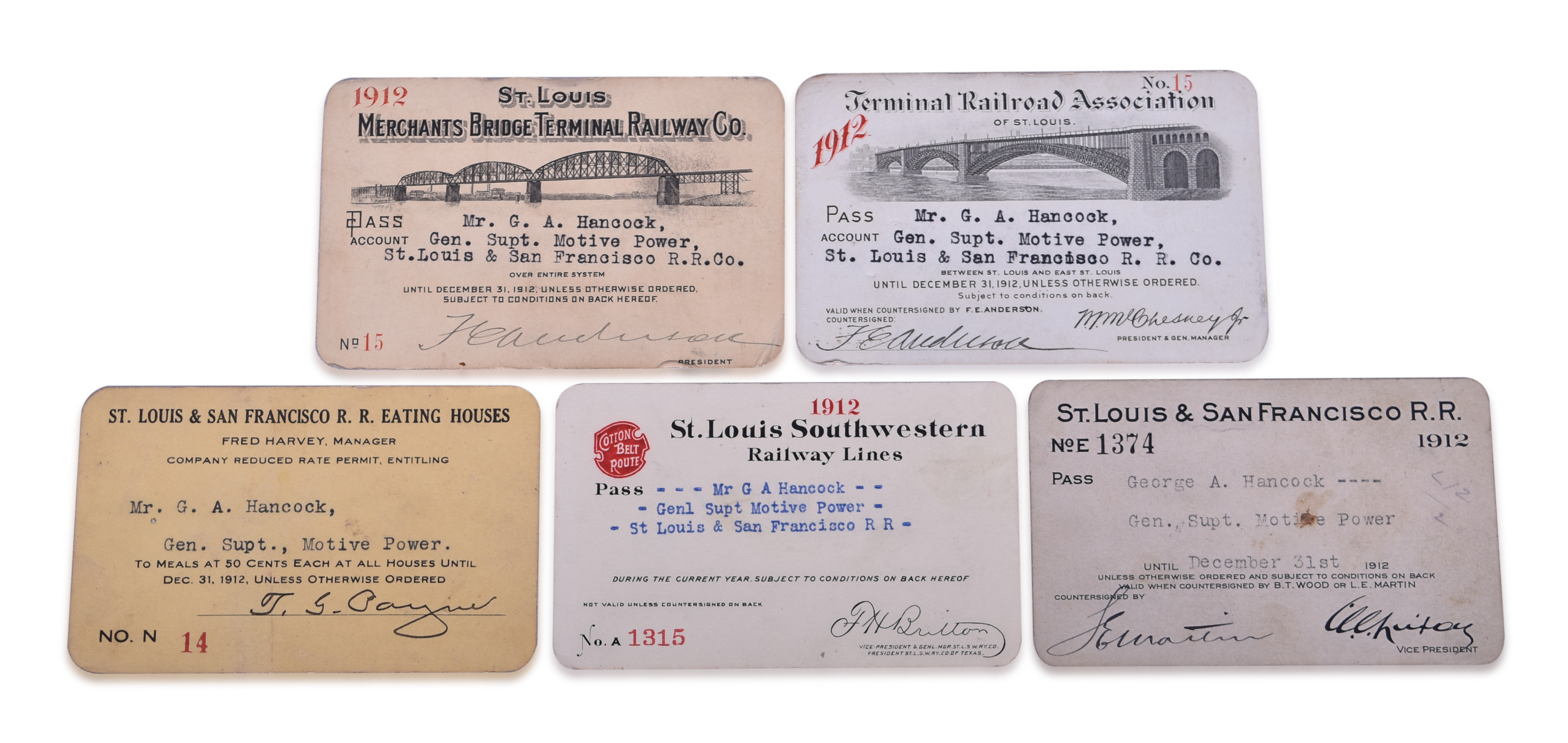 3310 - Five 1912 St. Louis Railroad Annual Passes - Terminal Railroad Association, Merchants Bridge Terminal, Frisco, and St. Louis Southwestern thumbnail