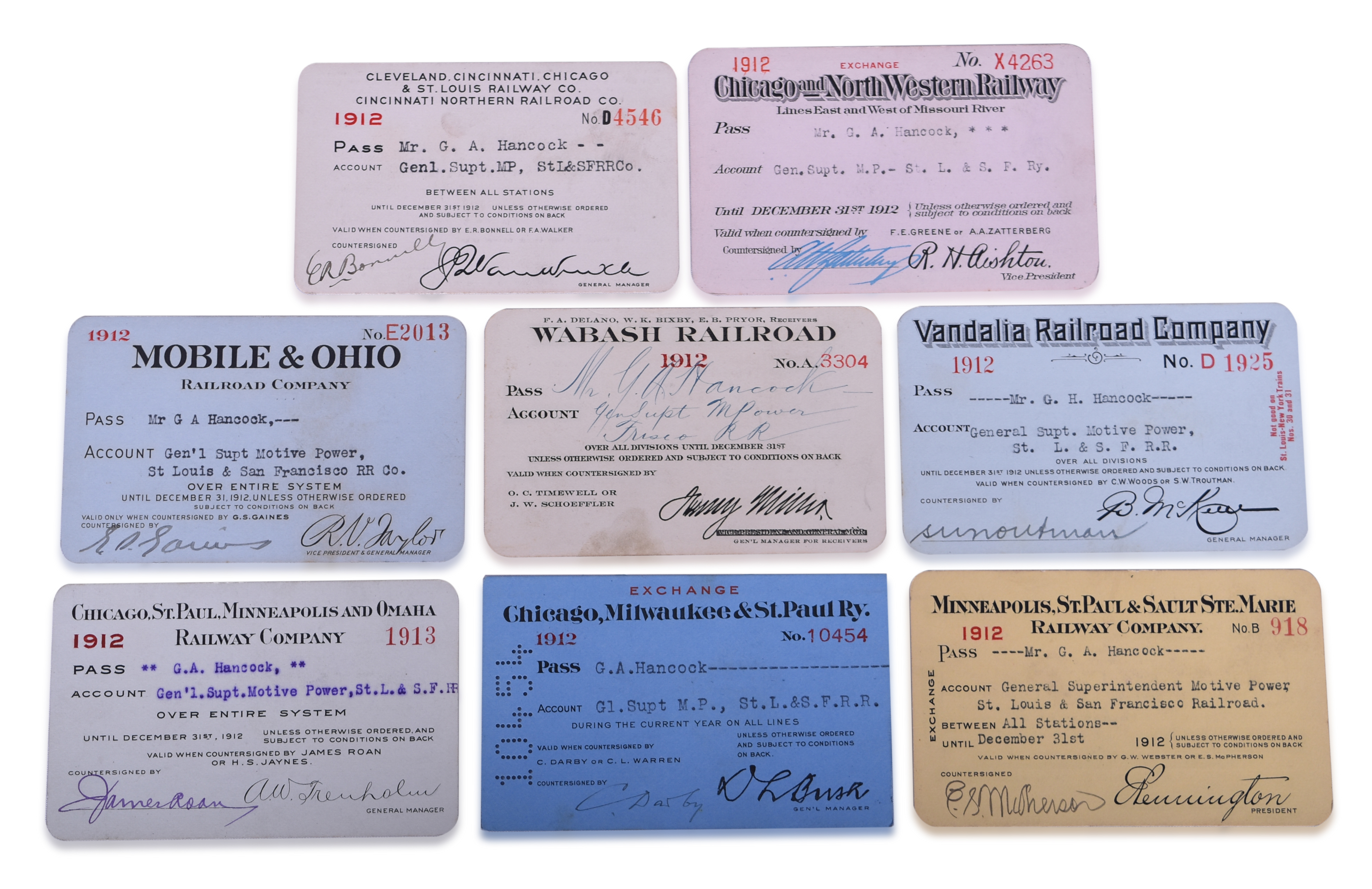 3311 - Eight 1912 Midwestern Railroad Annual Passes - Wabash, Vandalia, Mobile & Ohio, Chicago & Northwestern, and More thumbnail