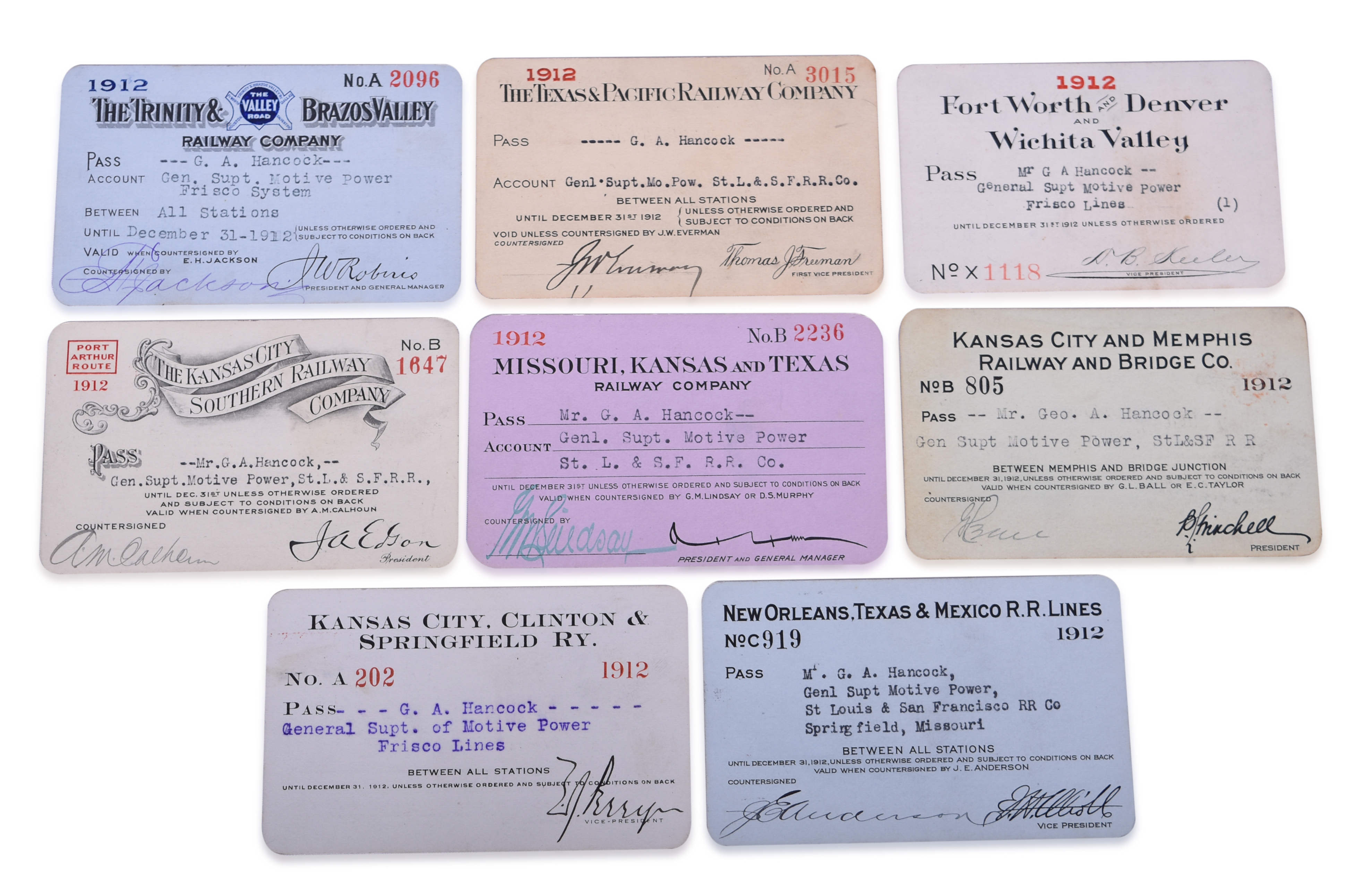3312 - Eight Southwestern Railroad 1912 Annual Passes - Trinity & Brazos Valley, Kansas City Southern, Fort Worth Denver & Wichita Valley, and More thumbnail