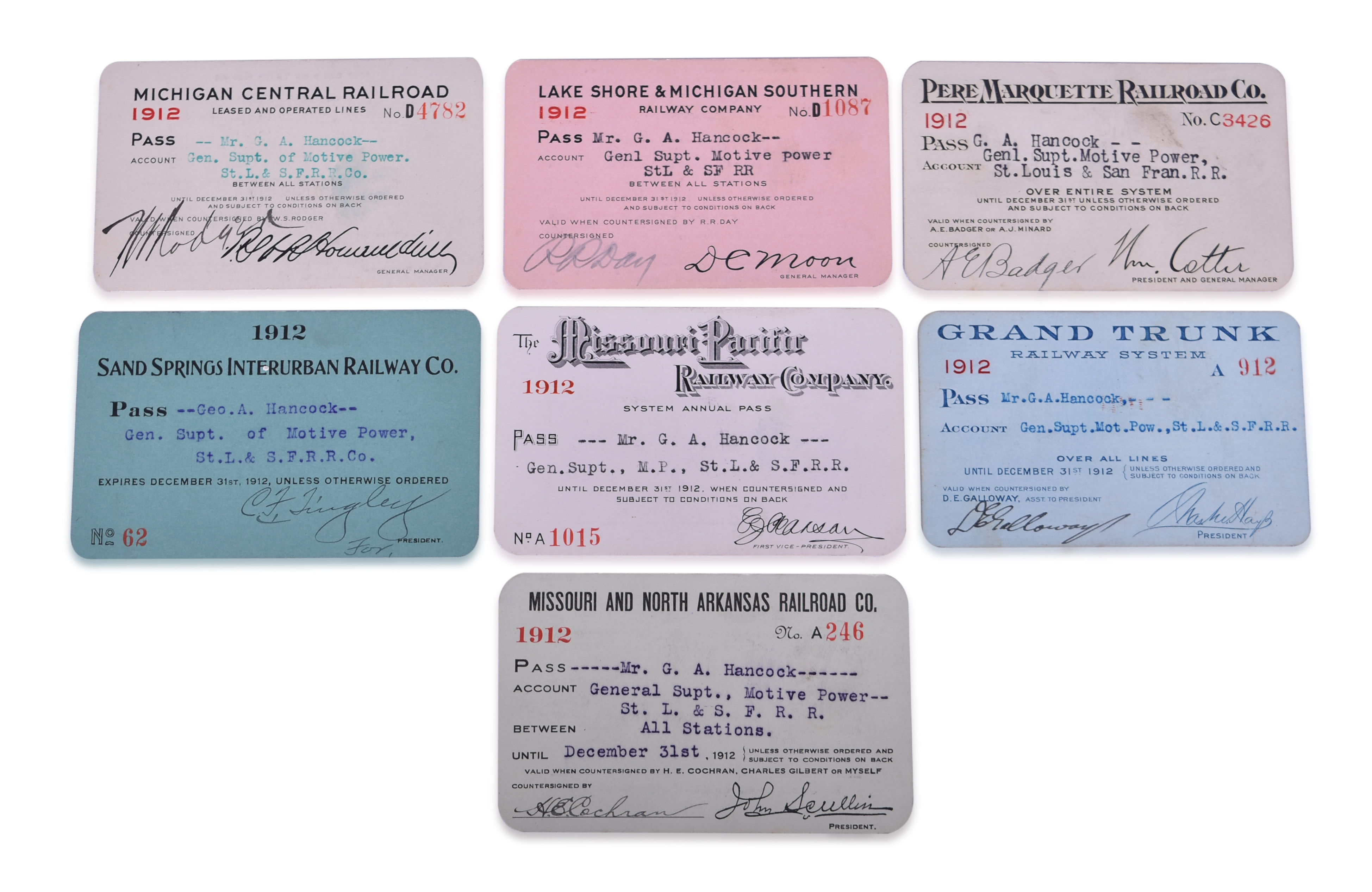 3314 - Seven Midwestern Railroad 1912 Annual Passes - Michigan Central, Pere Marquette, Missouri Pacific, and More thumbnail