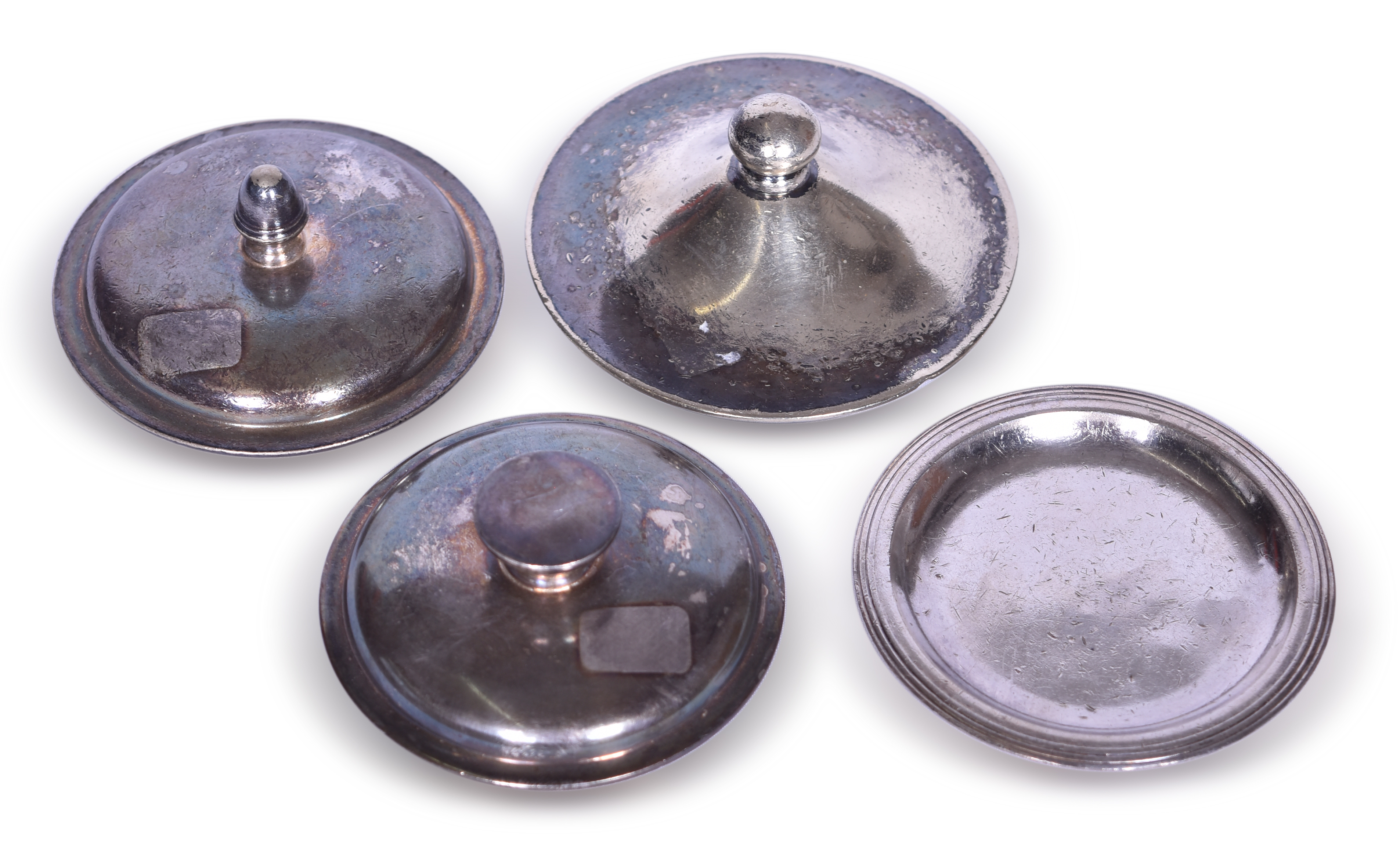 3334 - Monon Marked International Silver Butter Pat and Three Unmarked Silver Soldered Lids thumbnail