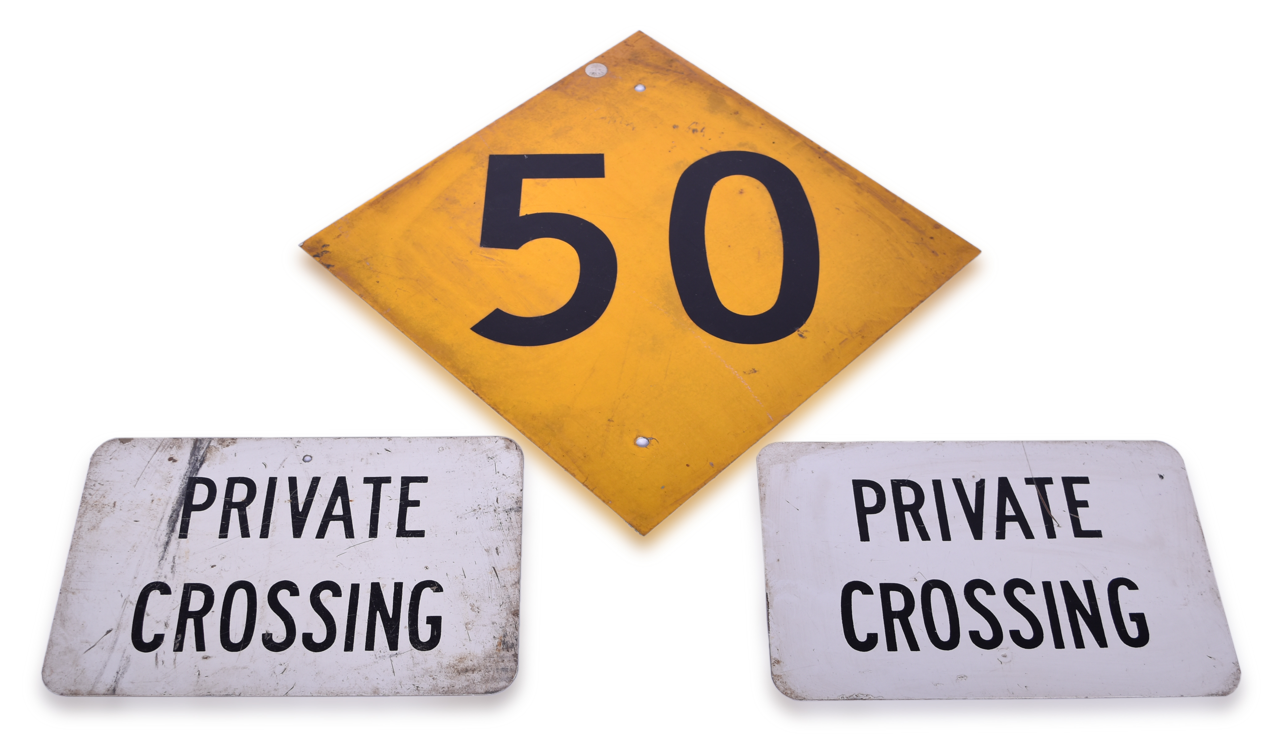 3338 - Three Aluminum Railroad Signs - Private Crossing and Mile Post 50 thumbnail
