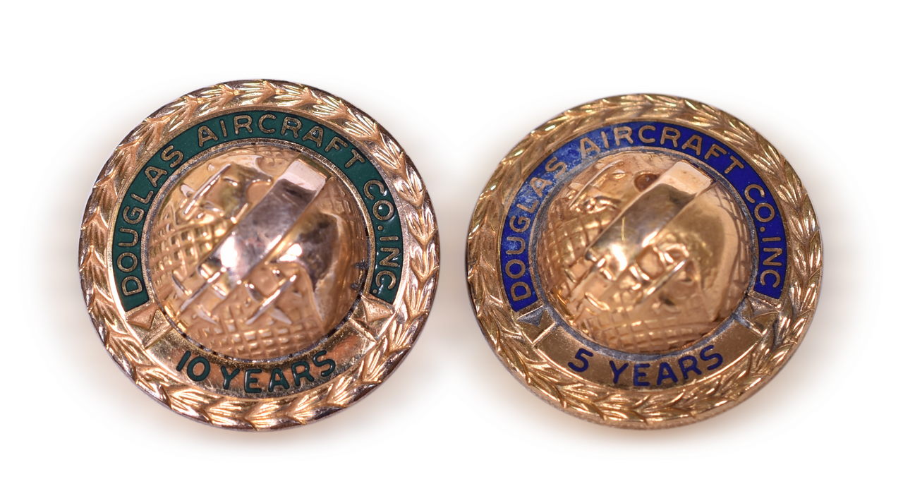 3443 - Pair of Douglas Aircraft Co. 5 Year and 10 Year Employee Pins thumbnail