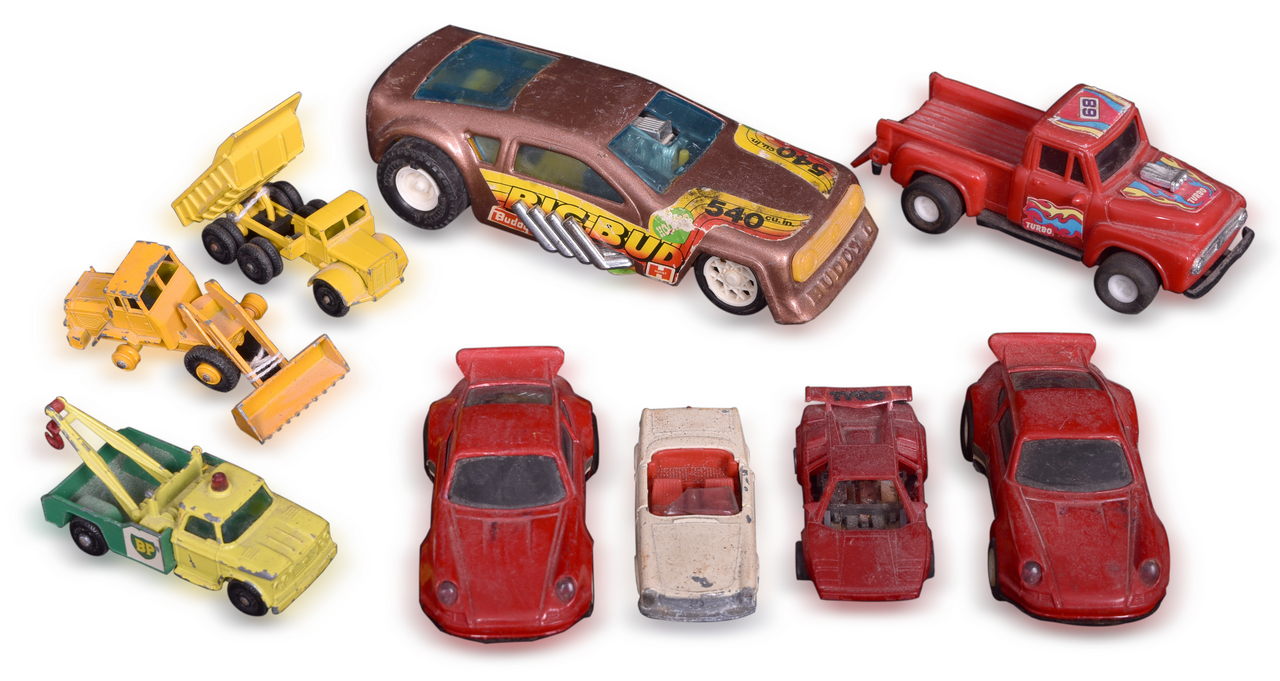 3448 - Mix of Nine Toy Cars - Die Cast Matchbox, Plastic Buddy L Big Bud Funny Car, and Plastic Slot Cars thumbnail