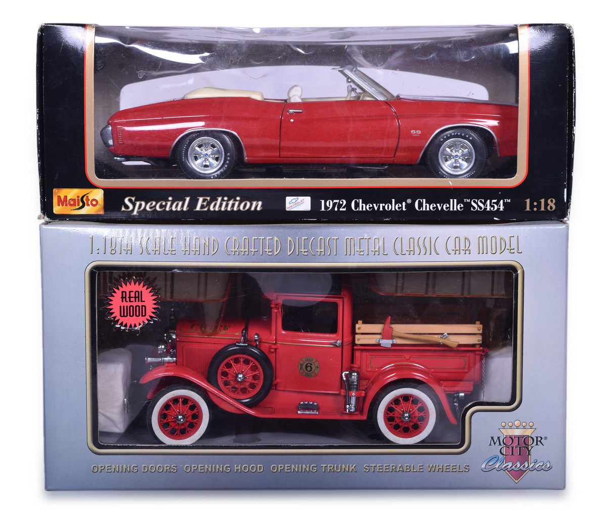 3611 - Pair of 1:18 Scale Die Cast Toy Car Models - Motor City Classics 1931 Ford Model A Fire Chief Truck and Maisto 1972 Chevrolet Chevelle thumbnail