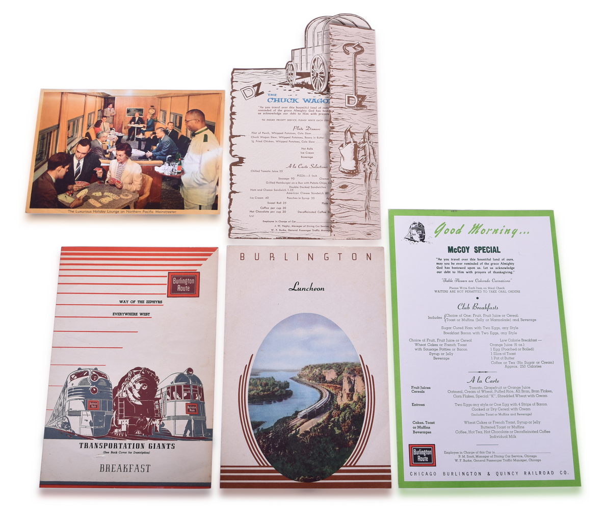4403 - Four Chicago, Burlington & Quincy Railroad Menus - Denver Zephyr Chuck Wagon, McCoy Special, and More thumbnail