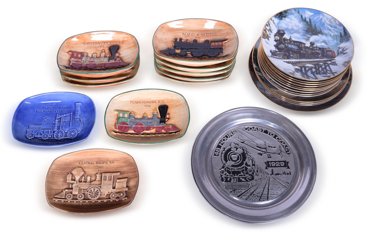4417 - Large Group of Collectible Railroad Train Plates and Plaques - Pennsbury Pottery, Wilton Armetale, Jim Deneen, and Old Mill Pewter thumbnail