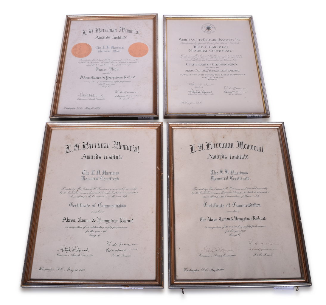4422 - Four Akron, Canton & Youngstown Railroad Framed E.H. Harriman Awards thumbnail