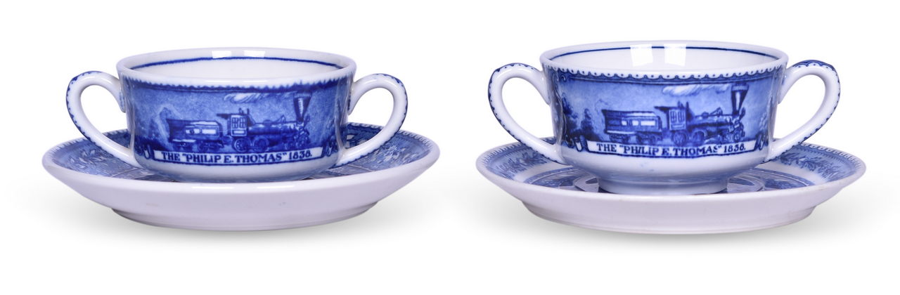 4437 - Pair of Baltimore & Ohio Railroad China Centenary Double Handled Blue Line Bouillon Cups and Saucers thumbnail