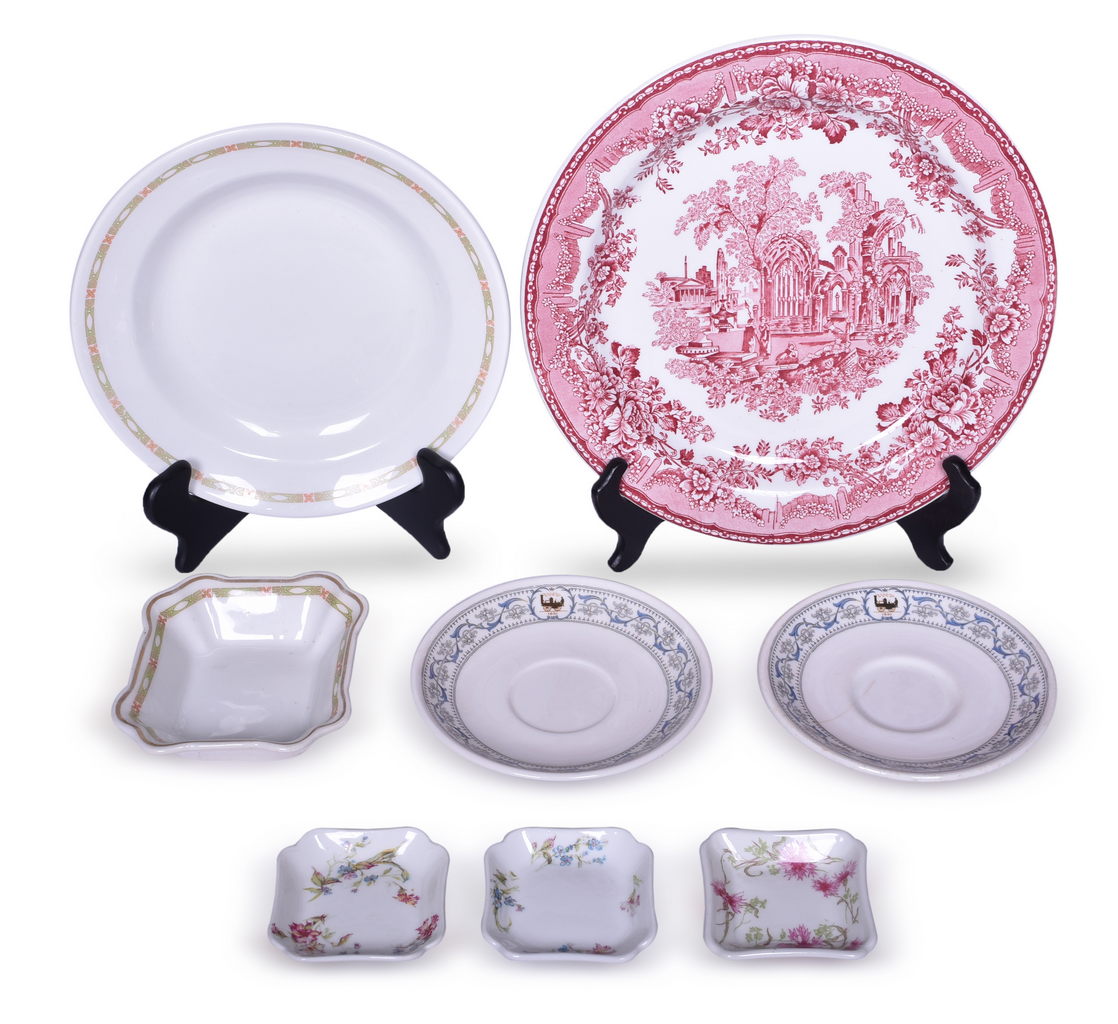 4483 - Eight Pieces of New York Central Railroad China - Butter Pats, Rimmed Soup Bowl, Rectangular Dish, Saucers, and Dinner Plate thumbnail