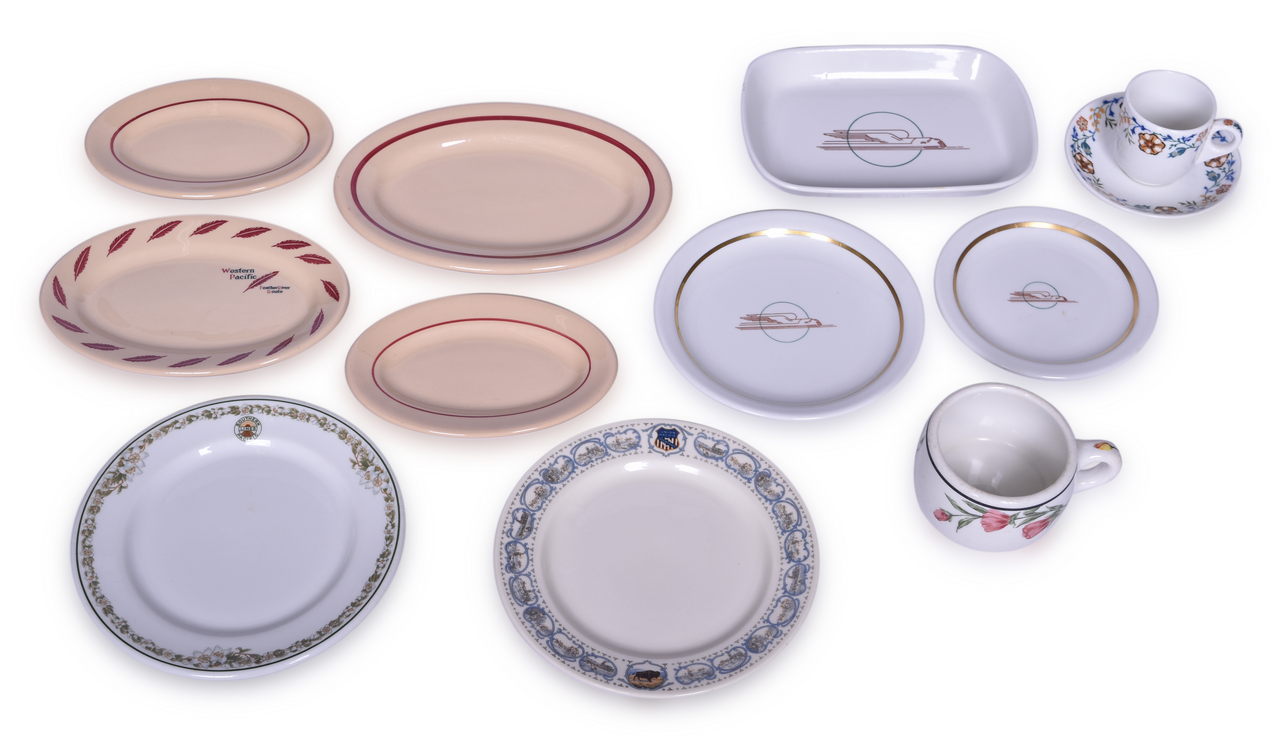 4485 - Twelve Pieces of Western Pacific, Southern Pacific, and Union Pacific Railroad China Plates, Oval Platter, Cups, and Saucer thumbnail