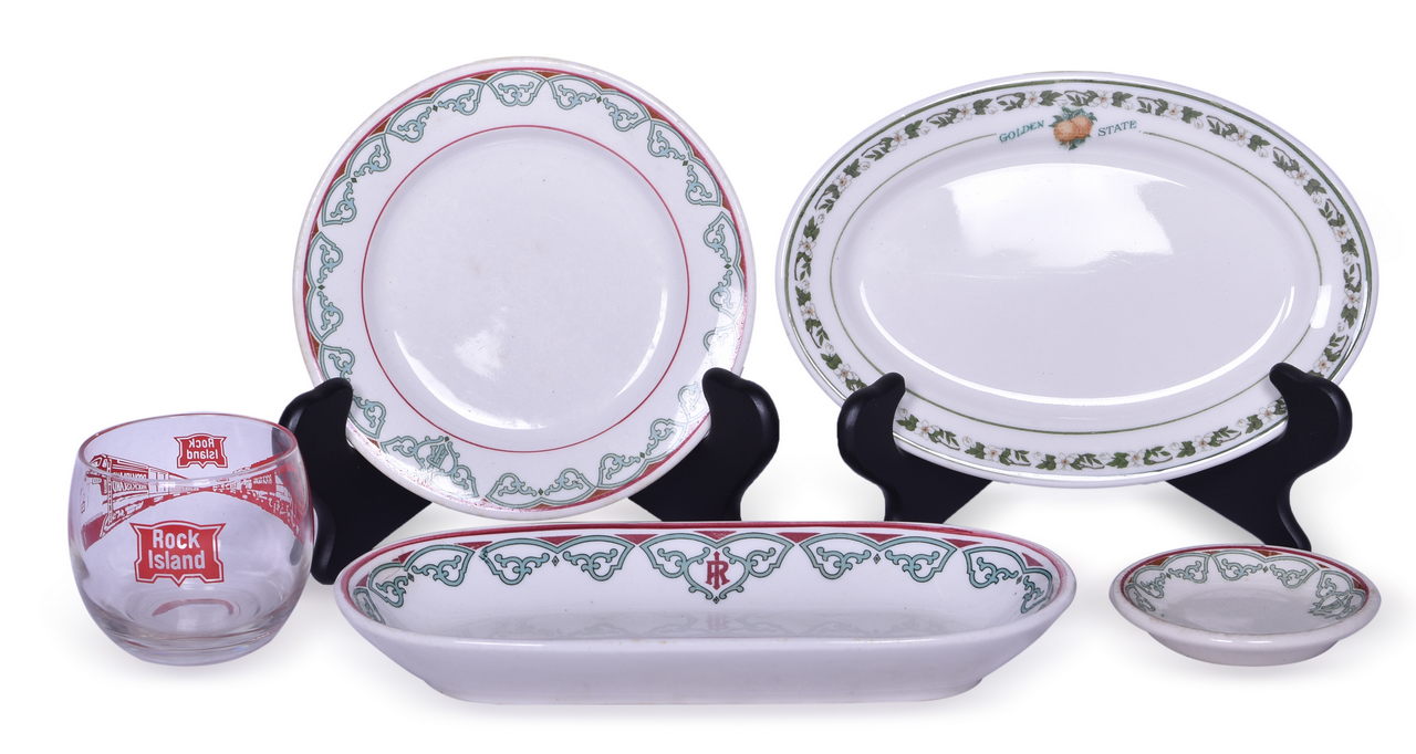 4491 - Five Pieces of Rock Island Railroad China and Glass - LaSalle Oval Celery Tray, Golden State Oval Platter, and More thumbnail