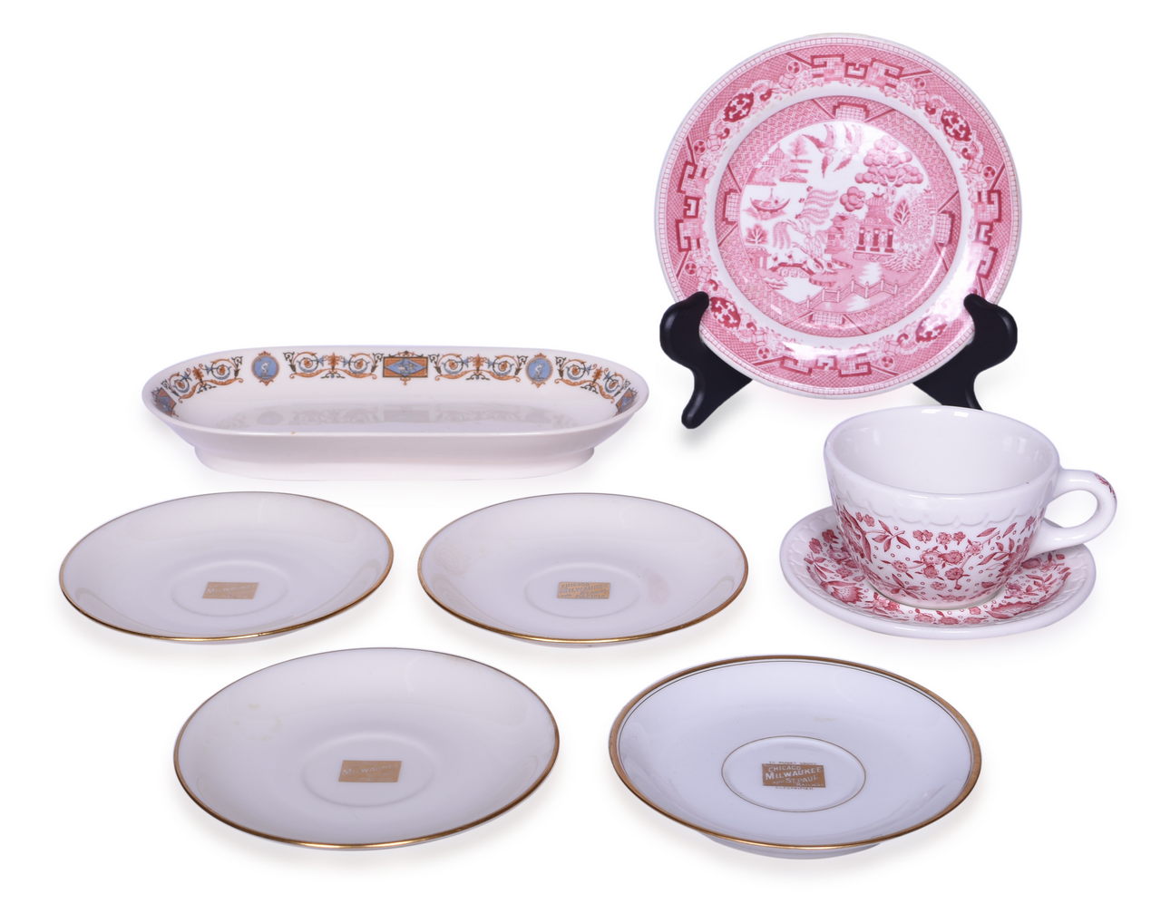 4493 - Eight Pieces of Milwaukee Road and Kansas City Southern Railroad China - Olympian Saucers, Galatea Oval Tray, Roxbury Coffee Cup, and More thumbnail