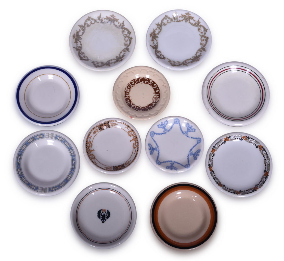 4497 - Eleven Railroad China Butter Pats - Fred Harvey, John H. Murphy, Seaboard Air Line, Florida East Coast, and More thumbnail