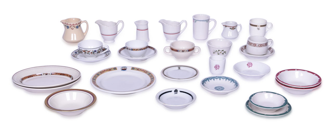 4499 - Twenty-Eight Pieces of Railroad Restaurant & Hotel China - Demitasse Sets, Tea Cups, Creamers, Plates, Bouillon Cups, and more thumbnail