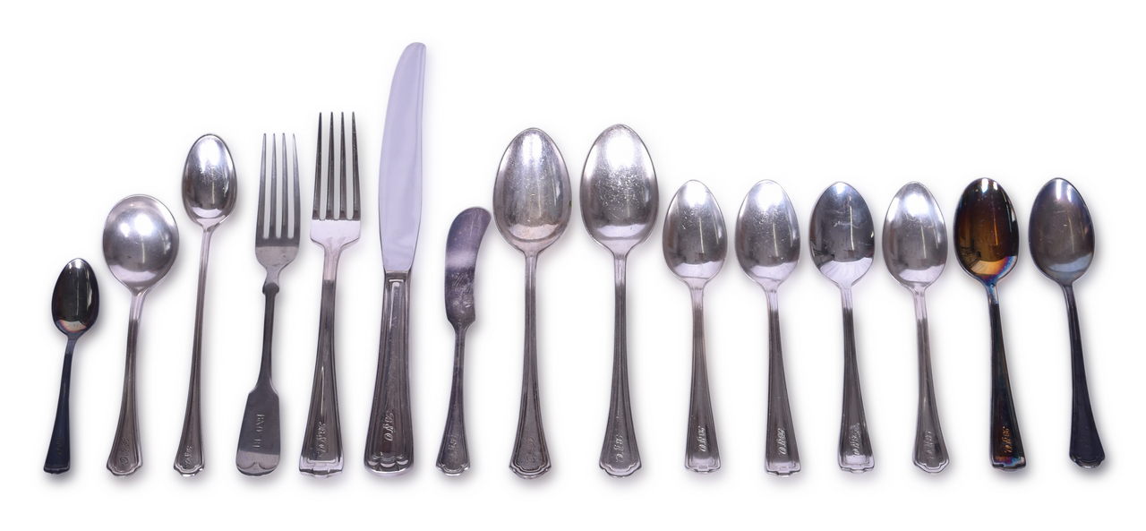 4503 - Fifteen Pieces of Baltimore & Ohio Railroad Silver Flatware - Demitasse Spoon, Table Spoons, Forks, and Knives thumbnail