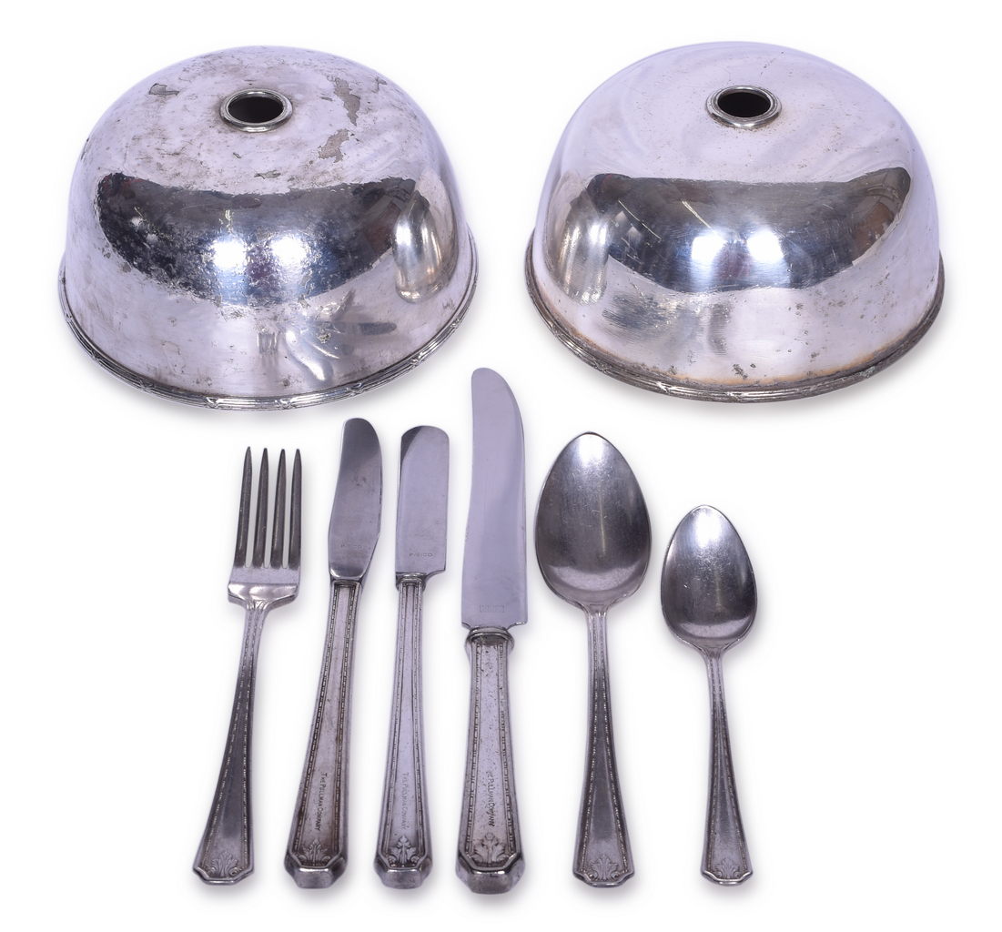 4515 - Eight Pieces of Pullman Company Railroad Silver Flatware and Hot Food Covers - Knives, Spoons, and Fork thumbnail