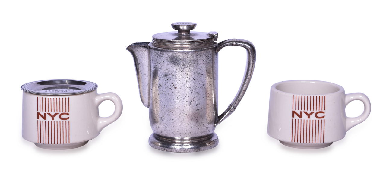 4519 - Four Pieces of New York Central Railroad Silver and China - Teapot, Butter Pat, and Mercury Coffee Cups thumbnail