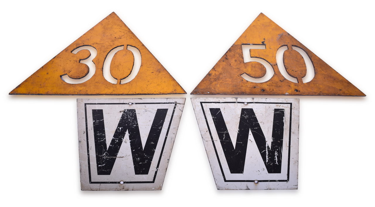 4609 - Group of Four Railroad Signs - Aluminum Reflective Whistle Signs and Steel Speed Mile Post thumbnail