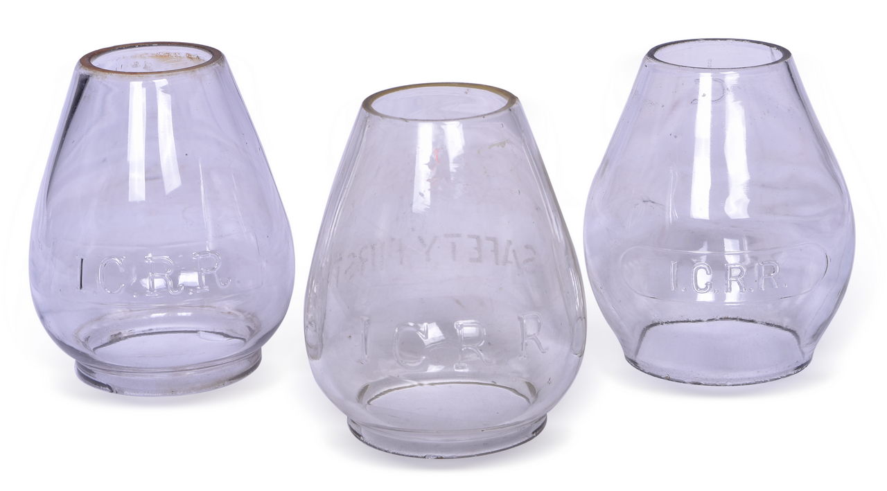 4618 - Group of Three Illinois Central Railroad Clear Cast Lantern Globes - Two w/ Extended Base thumbnail