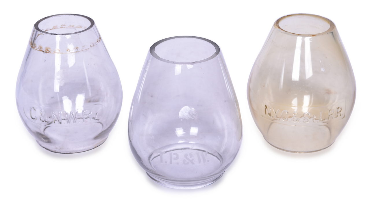 4622 - Three Railroad Lantern Globes - Chicago and North Western, Nickel Plate, Toldeo, Peoria & Western thumbnail