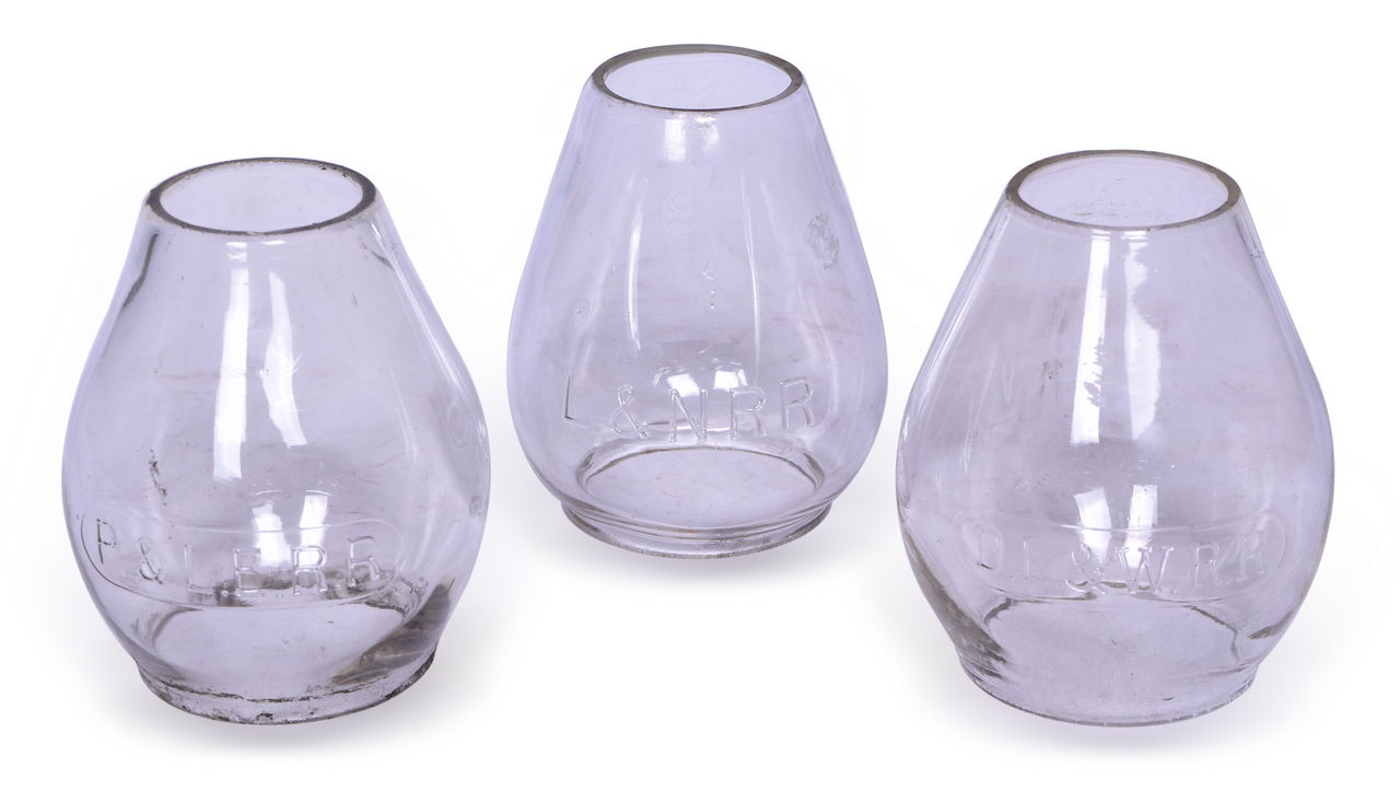 4626 - Three Clear Cast Railroad Lantern Globes - Delaware Lackawanna and Western, Pittsburgh & Lake Erie, Louisville and Nashville thumbnail